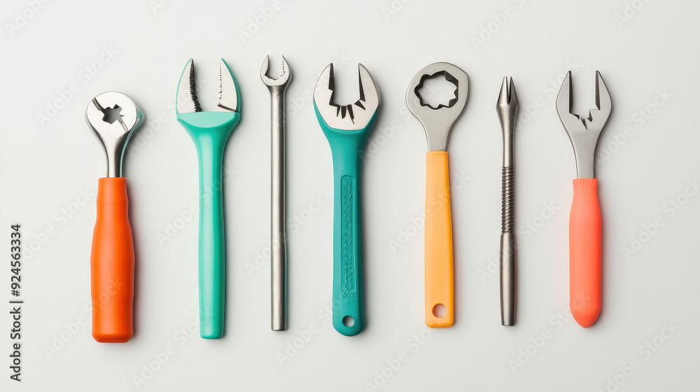 Steel tools with colorful handles on a white background, tools, colorful design. Steel tools with colorful handles on a white background, tools, colorful design.