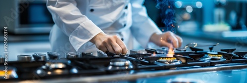 A close-up image showing a chef in a professional kitchen as they adjust the flame on a stove, representing culinary precision and expertise.