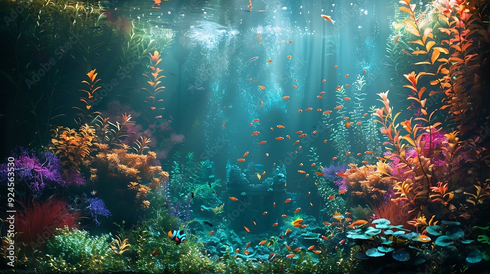 Obraz premium An enchanting fantasy landscape aquarium featuring vibrant plants, a tiny castle, and mythical fish. The soft lighting adds to the magical and otherworldly ambiance of the underwater scene.