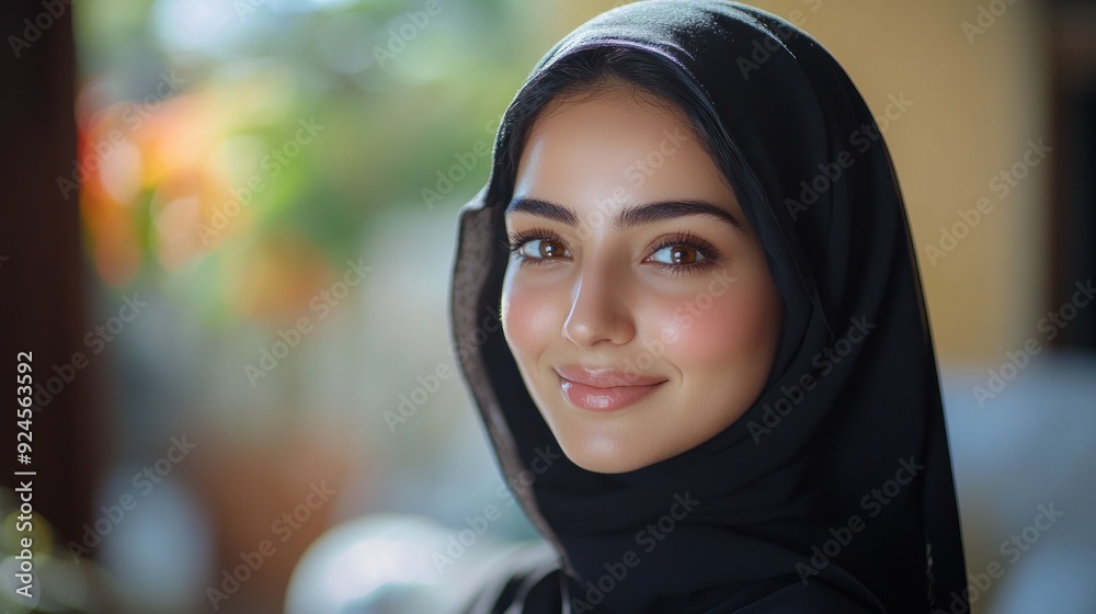 Young woman in hijab in sunlit setting, softly smiling. Young woman in hijab in sunlit setting, softly smiling.