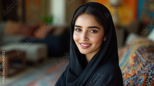 Charming woman in black hijab with a poised smile