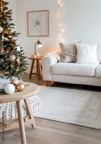 Smiling Woman Sitting Cross-Legged by Christmas Tree Decorated With Lights an...