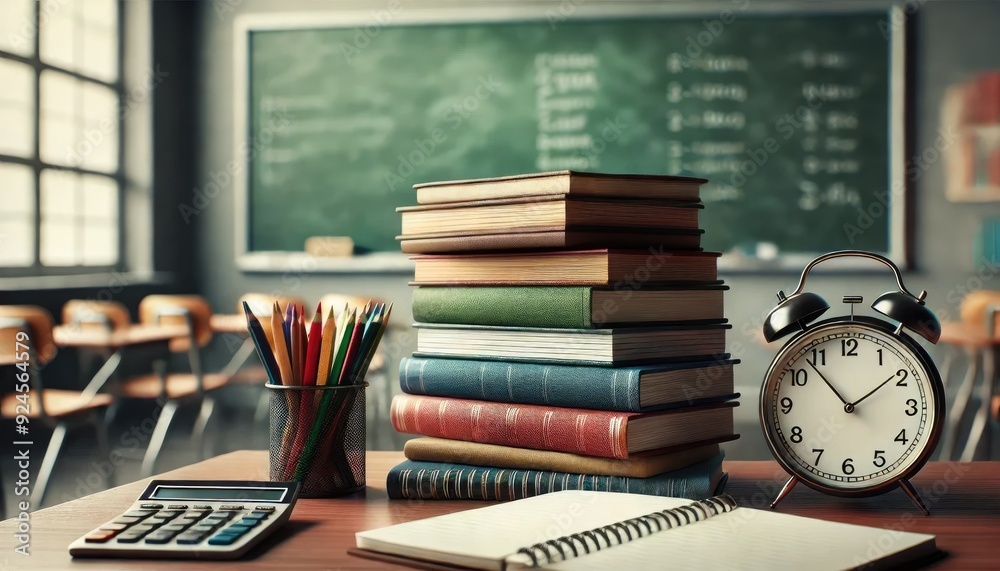 Classroom Desk with Books, Alarm Clock, and School Supplies Classroom Desk with Books, Alarm Clock, and School Supplies