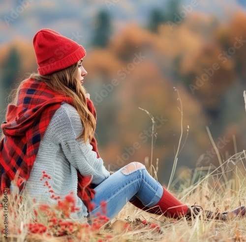 Young Woman Sitting in Colorful Autumn Leaves Wearing Cozy Sweater and Beanie