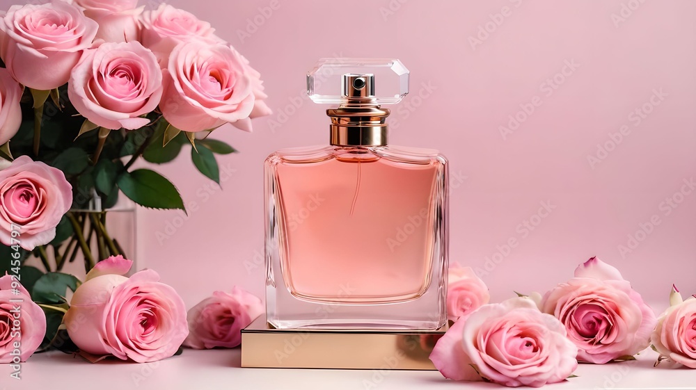 The pink perfume bottle surrounded by roses creates a romantic and luxurious aesthetic. The pink perfume bottle surrounded by roses creates a romantic and luxurious aesthetic.