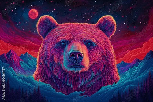 Neon bear face illuminated by cosmic light, hovering over a starcovered planet, serene and strong photo