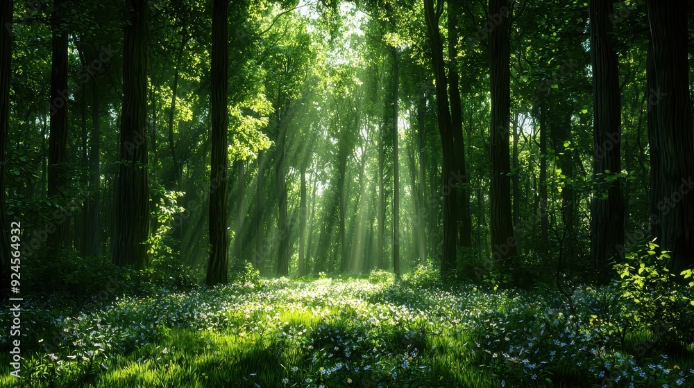 Obraz premium A serene forest scene bathed in soft sunlight, showcasing lush greenery and delicate wildflowers blooming on the forest floor.