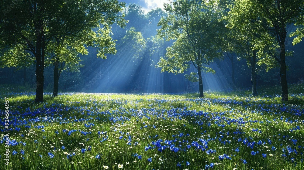Obraz premium A serene forest landscape bathed in soft sunlight, featuring vibrant wildflowers and tranquil greenery that inspire peace.