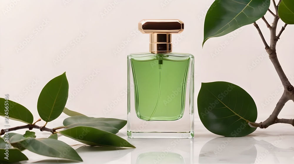 Green perfume bottle surrounded by a ficus, creating a romantic and luxurious aesthetic. Green perfume bottle surrounded by a ficus, creating a romantic and luxurious aesthetic.