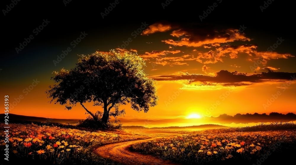 Obraz premium A serene landscape featuring a tree against a beautiful sunset, surrounded by blooming flowers and a winding path.