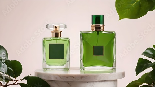Green perfume bottle surrounded by a ficus, creating a romantic and luxurious aesthetic.