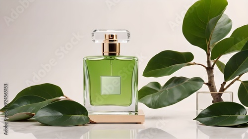 Green perfume bottle surrounded by a ficus, creating a romantic and luxurious aesthetic.