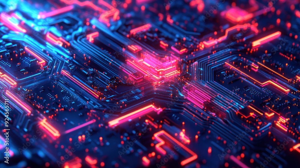 Abstract Neon Circuit Board with Pink and Red Glowing Lines Abstract Neon Circuit Board with Pink and Red Glowing Lines