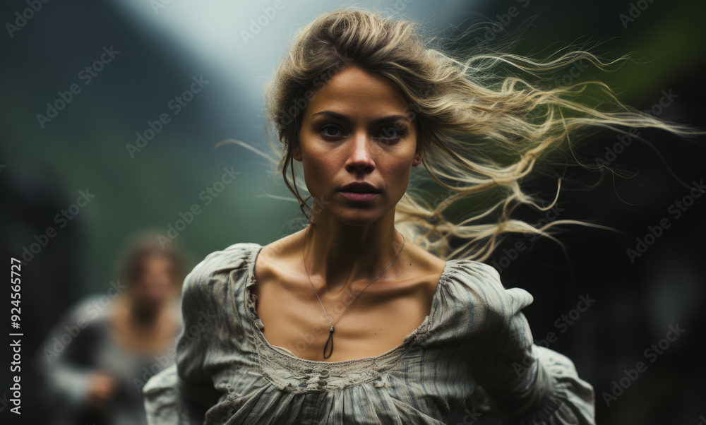 A woman with long hair is running through a forest. Scene is adventurous and exciting A woman with long hair is running through a forest. Scene is adventurous and exciting