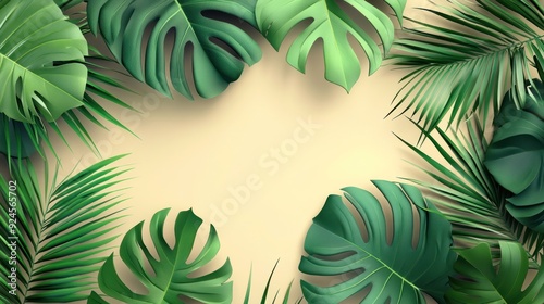 Green Tropical Leaves Frame on Beige Background photo