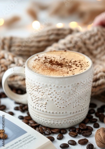 Cozy Coffee Mug Surrounded by Coffee Beans and Warm Textiles in Soft Lighting