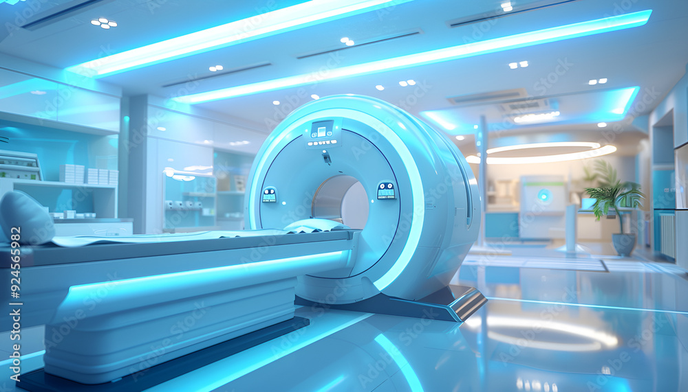 futuristic MRI machine in a pristine hospital room symbolizes advanced technology futuristic MRI machine in a pristine hospital room symbolizes advanced technology