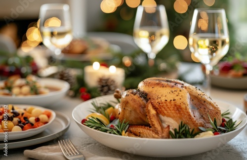 Holiday Feast Featuring Roast Turkey and Festive Dishes on a Dinner Table