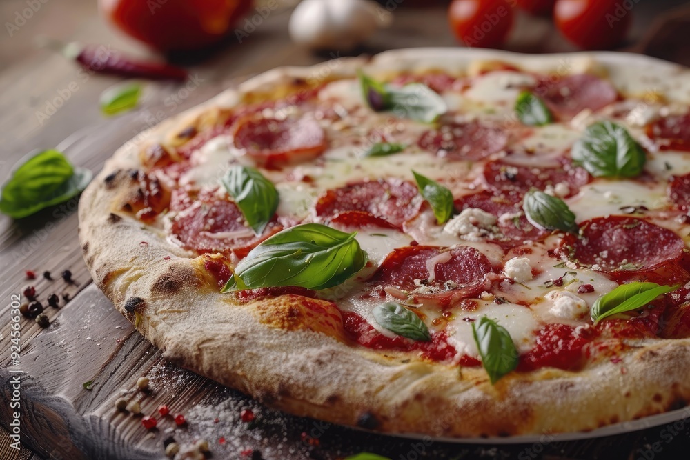A delicious pizza topped with pepperoni and fresh basil on a wooden board. A delicious pizza topped with pepperoni and fresh basil on a wooden board.