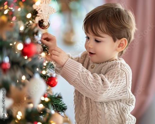 Happy Child Decorating Christmas Tree With Ornaments in Cozy Living Room