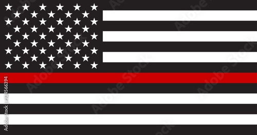 Thin Red Line Firefighter Flag, Fire Department Emblem of Respect for Live and Dead Firefighters in USA Flag Illustration