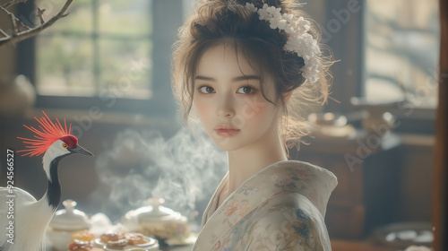  her hair styled in a traditional shimada updo, captured in an elegant photograph. She is dressed in a silk kimono with delicate cherry blossom patterns. Her eyes reflect tranquility as she stands bes photo