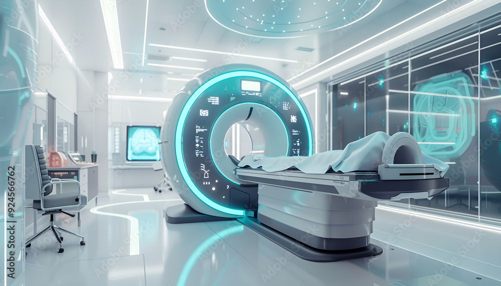 futuristic MRI machine in a pristine hospital room symbolizes advanced technology