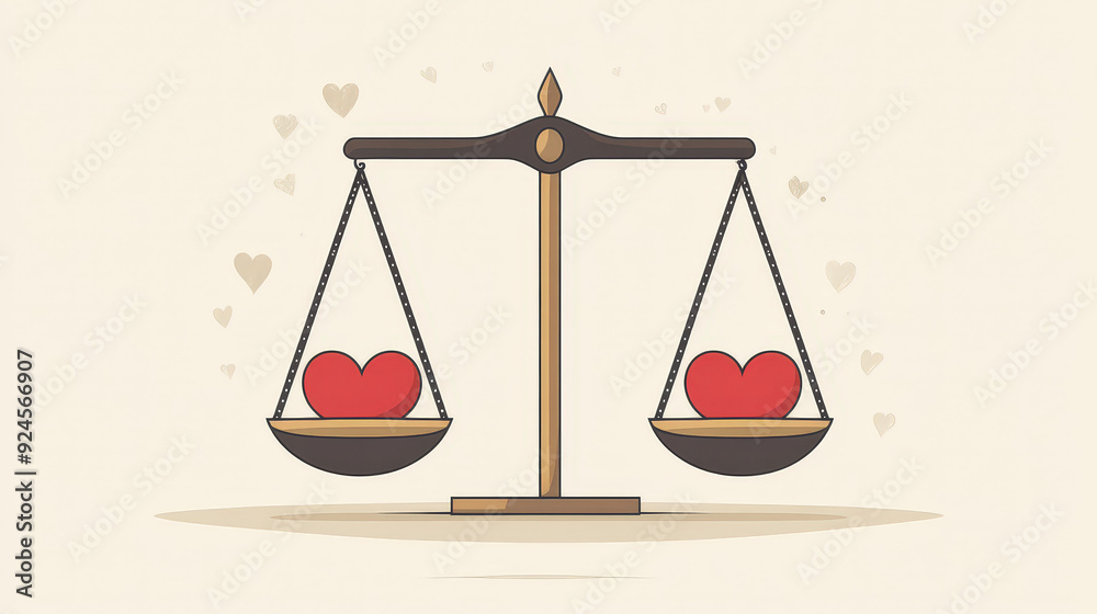 Justice scales with a heart, blending morality and fairness, flat design illustration