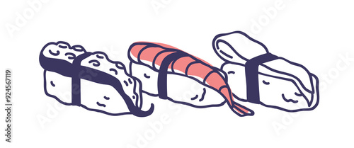 Nigiri, sushi topped with fresh seafood, octopus, shrimp and squid on rice. Traditional Japanese cuisine, Asian Japan meal, food. Contoured flat vector illustration isolated on white background