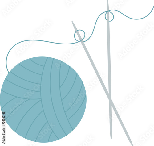 Crochet wool ball and needle icon, hand drawn knitting craft decoration object, cartoon crochet tool illustration, doodle tailor accessories design, flat fashion supplies element,
