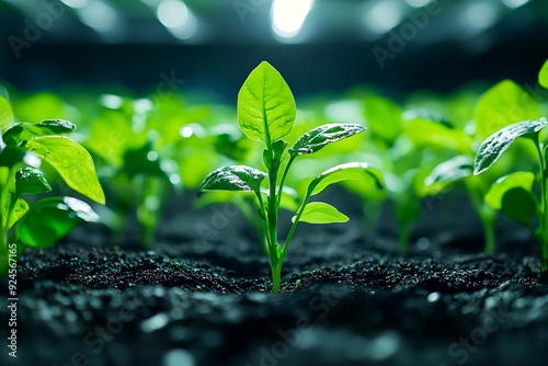 Close-up of young green plant seedlings growing in dark, rich soil under bright artificial light ideal for concepts related to agriculture, growth, sustainability, and gardening, photo