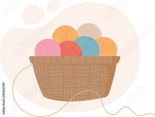 Yarn ball basket, hand drawn fashion accessories illustration, doodle crochet supplies element, vector knitting craft decoration object, cartoon tailor tool design,