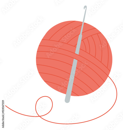 Crochet wool ball and needle sticker, cartoon crochet supplies element, hand drawn tailor decoration design, flat knitting tool object, vector fashion accessories illustration,
