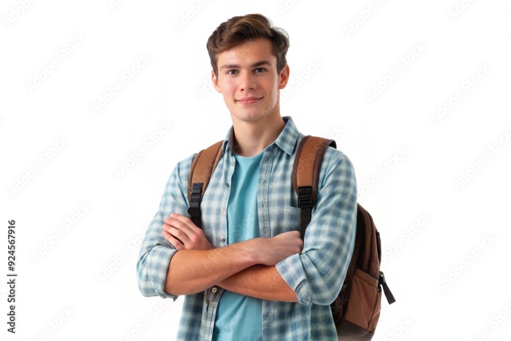 Young male student with a backpack, looking upward in a profile view, isolated on a clean white background. Young male student with a backpack, looking upward in a profile view, isolated on a clean white background.