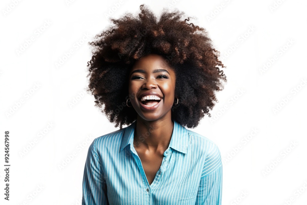 Happy African American woman with curly hair, laughing and smiling, set against a simple white backdrop Happy African American woman with curly hair, laughing and smiling, set against a simple white backdrop