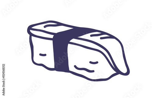 Nigiri sushi, unagi. Eel, fresh fish slice on rice, wrapped in nori strip. Traditional Japanese cuisine, Asian Japan food. Outlined contoured flat vector illustration isolated on white background