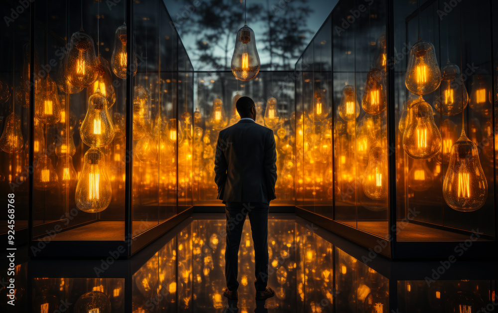 A man stands in front of a room full of light bulbs. The scene gives off a feeling of mystery and intrigue A man stands in front of a room full of light bulbs. The scene gives off a feeling of mystery and intrigue