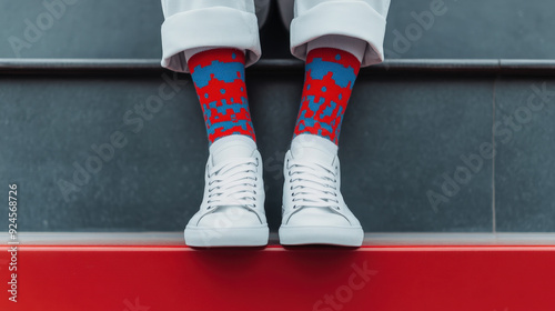 Teen boy wearing patterned socks and sneakers, [Colors + Teen + Patterns], [Casual Fashion]