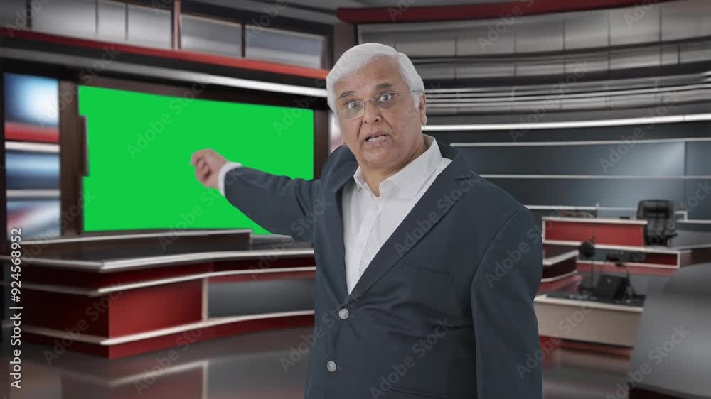 Angry Indian senior journalist pointing at green screen and reading news Angry Indian senior journalist pointing at green screen and reading news