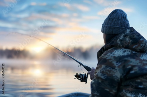 Man Fishing on Tranquil Lake at Sunrise in Calm Winter Weather