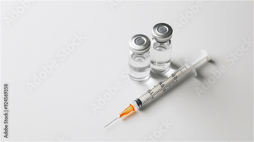 Two empty vials lying on a white background, with an empty syringe lying next to them