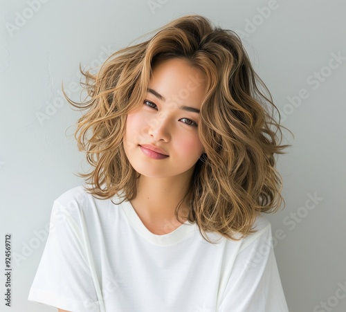 Young Woman With Wavy Hair Wearing White T-Shirt Poses Against a Plain Backgr...