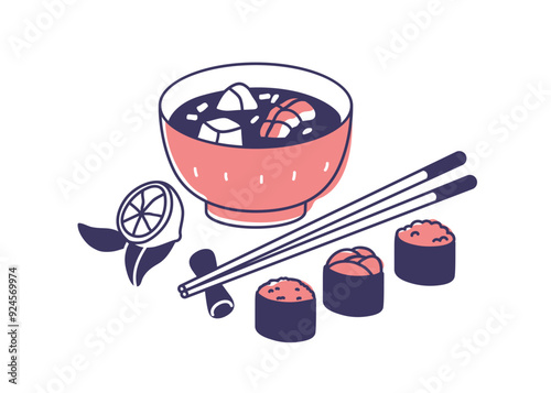 Asian soup bowl and sushi rolls, Japanese gunkan maki. Japan meal, traditional Asia cuisine, dishes, food served with chopsticks. Flat graphic vector illustration isolated on white background