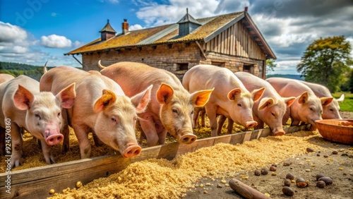 A group of pigs gather around a trough, eagerly feeding on grain in a rustic, natural setting of a traditional rural farm's livestock area.