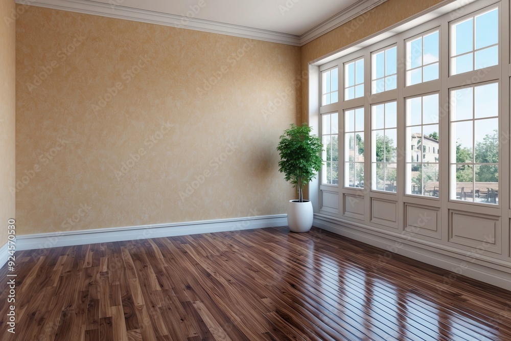 Fototapeta premium Inviting Interior Area Mockup on a Sand-Colored Wall with Polished Wooden Flooring and Ample Windows