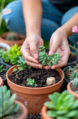 Planting Succulents in Terra Cotta Pots at a Home Garden During Late Afternoon