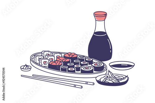 Sushi rolls platter with chopsticks. Traditional Japanese cuisine, served wit...