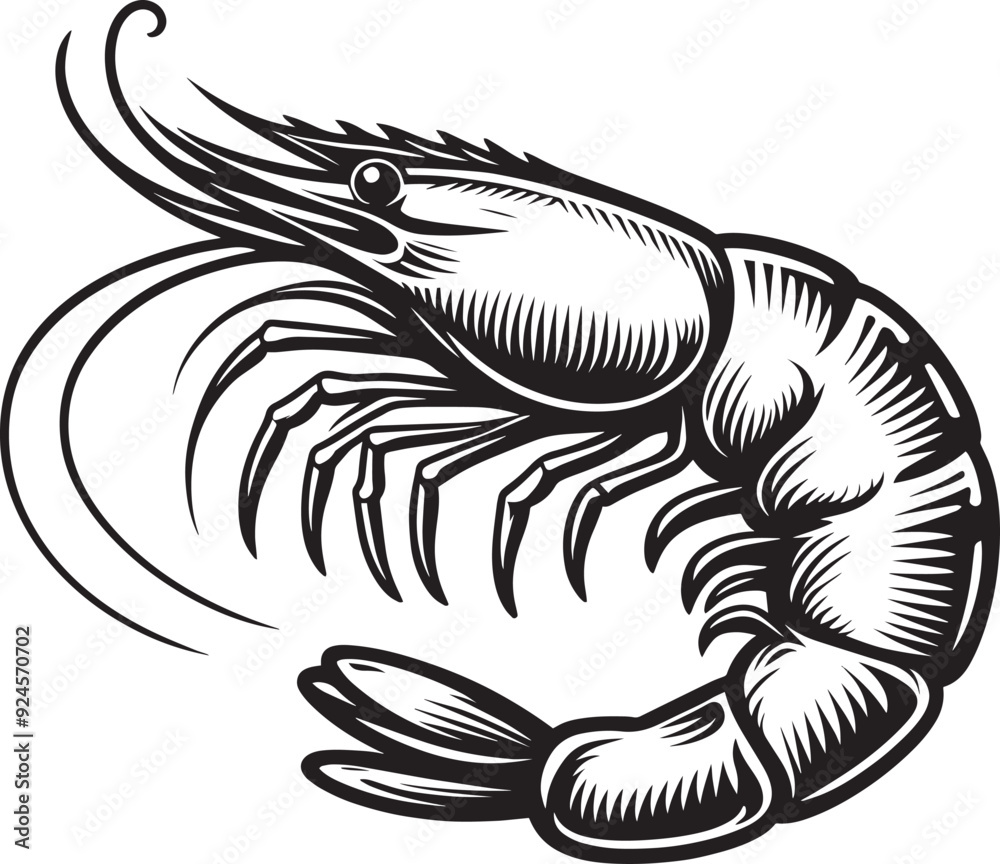 Fototapeta premium Shrimp Silhouette isolated on white background Minimalist crayfish vector shape