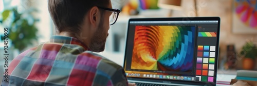 A person using a laptop to create a colorful graphic design. The workspace is modern and well-lit, showing the creative process in action.