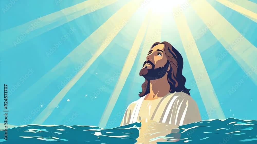 Baptism of Jesus Christ with a halo and sunlight in the Jordan River ...